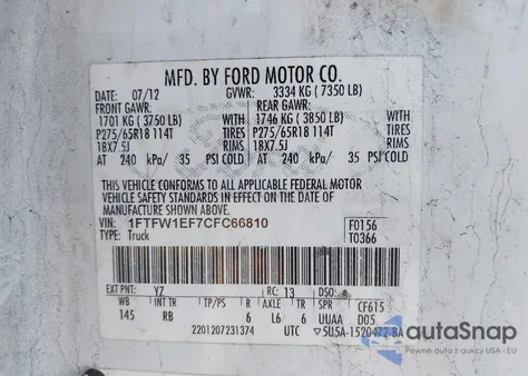 2012 Ford F-150 Fx4 из США, поврежденный, VIN 1FTFW1EF7CFC66810